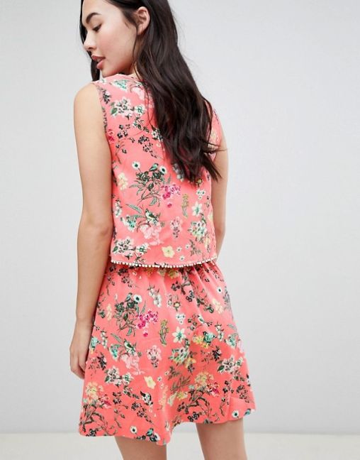 Brave Soul Celeste Double Layer Floral Dress with Pom Pom Trim